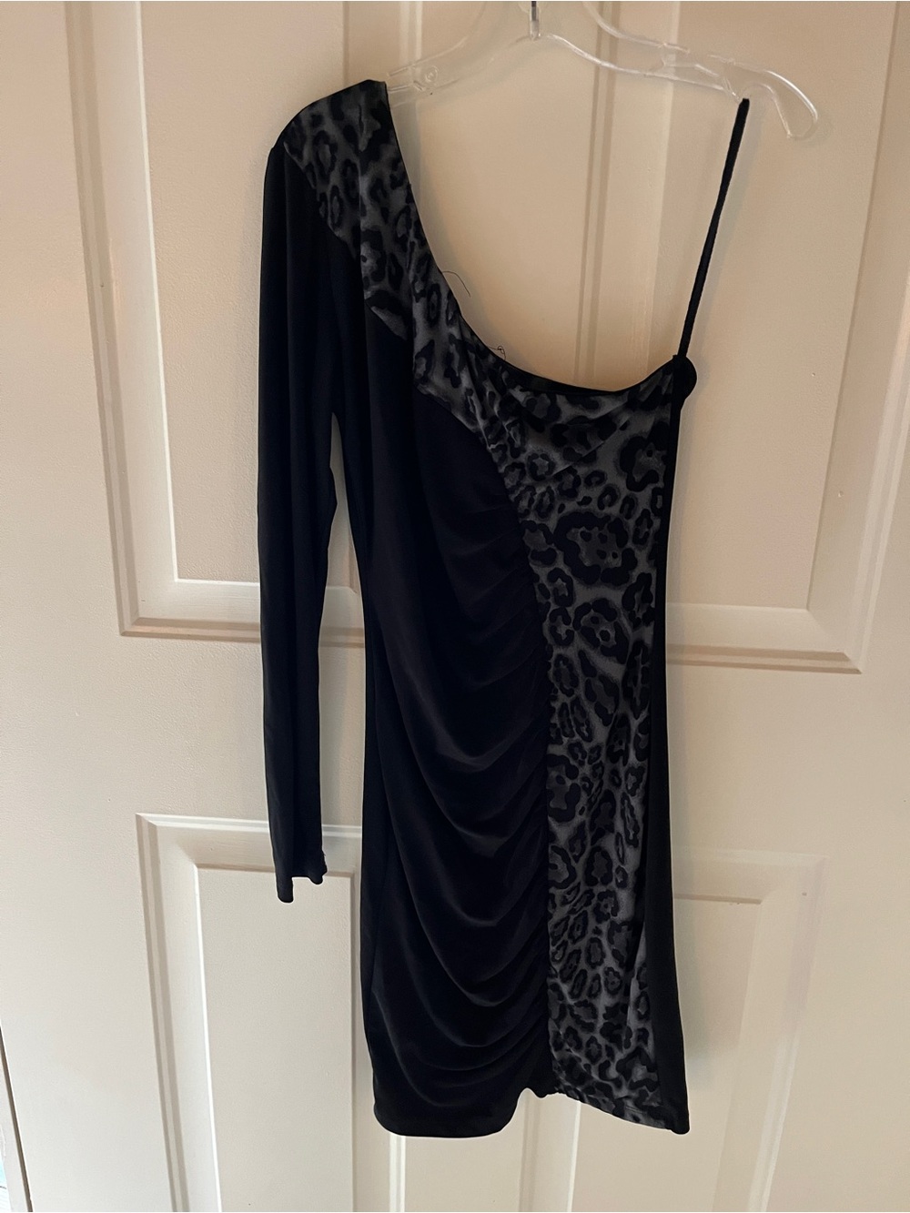 vintage y2k one shoulder dress black ruched/ black/gray leopard by Mandee size S